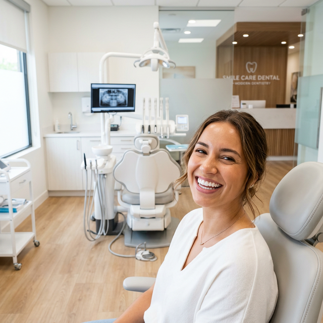 Modern ve profesyonel diş kliniği ortamında mutlu ve sağlıklı gülümseyen hasta